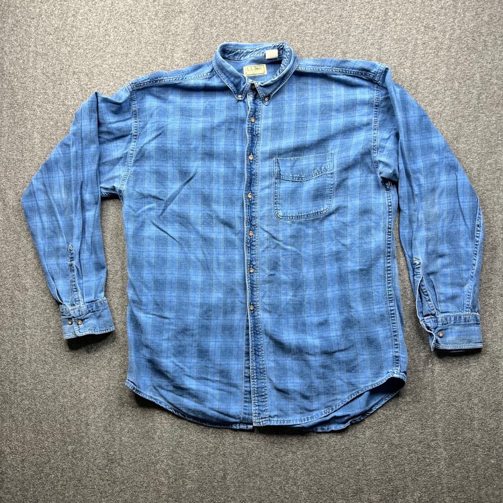 Vintage L.L. Bean Plaid Button Down Mens Large? Blue Denim Twill Long Sleeve USA